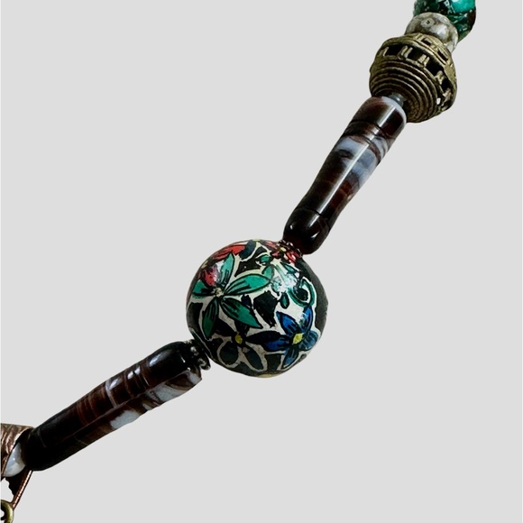 Handpainted beads and cheetah face pendant necklace African beads brass choker - Picture 5 of 9